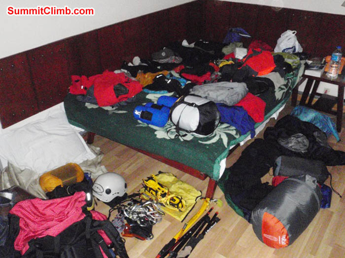 Jim's climbing kit spread out on his bed at Shakti Hotel. Photo by James Barritt