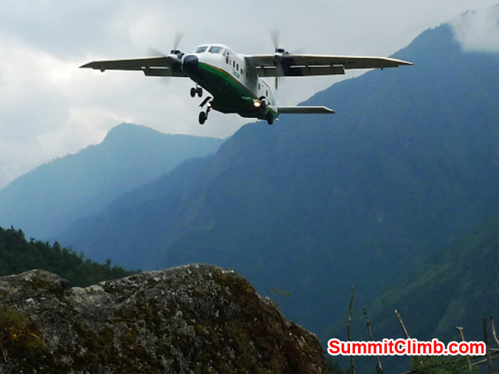 Small plane landing at Lukla airport. Photo by Frank Seidel.