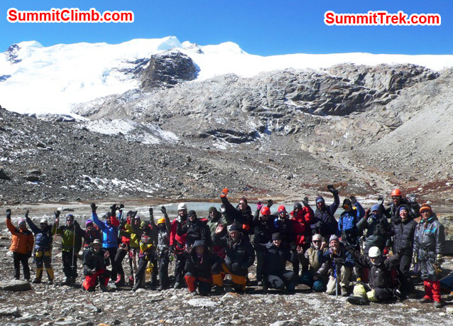 Team photo before setting off for glacier training on the Naulekh Glacier at 5100 metres / 16,728 feet. Photo Dan Mazur.