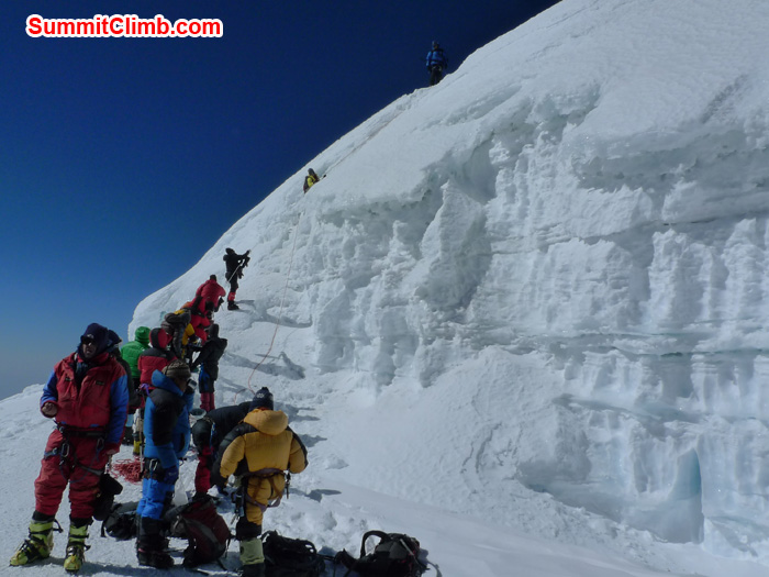 Member climbing the wall before summit of Mera Peak. Photo Frank Seidel