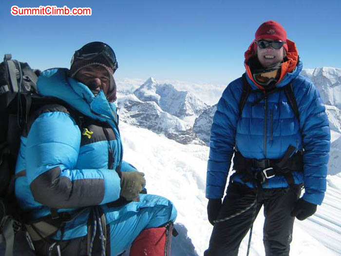Janbu Sherpa and Jussi Kuva on the summit. Toni Schneider Photo.