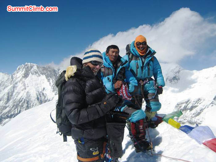 Toni, Chewang, and Jangbu on the summit of Baruntse. Jussi Kuva Photo.