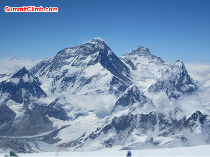 View of Everest, Lhotse, Nuptse, and Makalu from Summit of Cho Oyu. Photo John