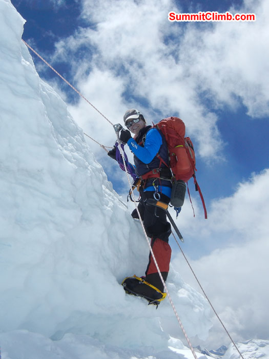 Holly nearing the top of the icefall. Photo by Scott Patch 