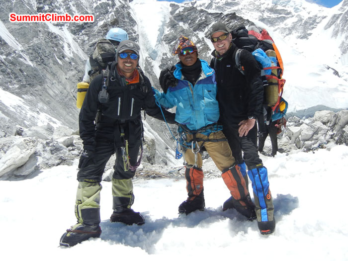 Tenji Sherpa, Lakpa Sherpa and Scott Patch at camp 1 after summit. Photo Scott patch