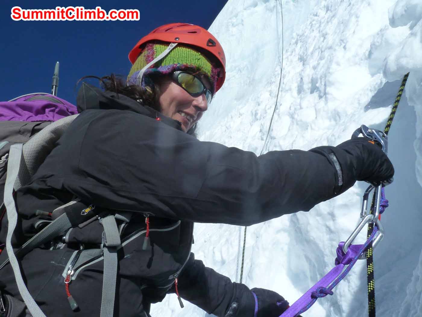 Marina Cortes climbing the ice step over camp 1. Jangbu Sherpa Photo