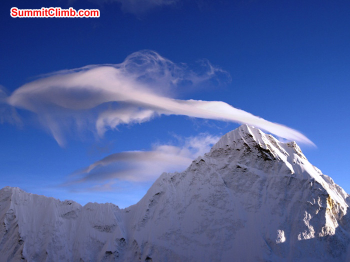 Crazy clouds hover above an unnamed 6000 metre peak in ABC. Matti Sunnell Photo