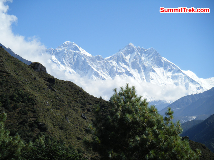 View of Nuptse, Lhotse, Everest and Ama Dablam just 15 minutes walk from Namche. Photo by Hyker