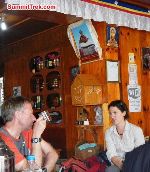Mark and Maggie having a natter in a teahouse in Lukla. Sangeeta Sindhi Photo