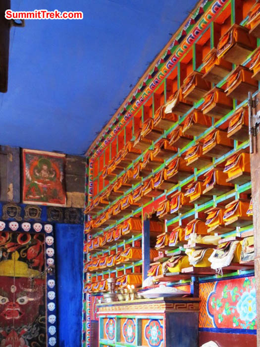 Lama's library of prayer books in Pangboche Gompa. Hannah Rolfson Photo