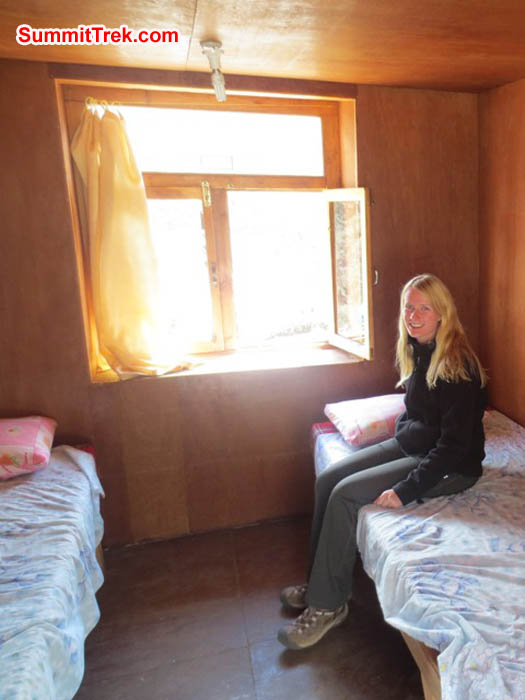Hannah in a twin room at Sonam Lodge, Pangboche. Photo Brian Rolfson