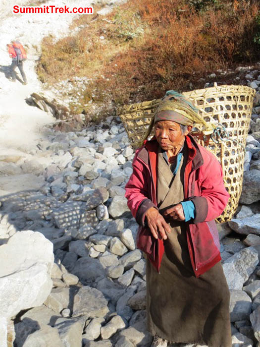 Woman collects yak dung and carries it in her basket along the trail to Everest. Hannah Rolfson Photo
