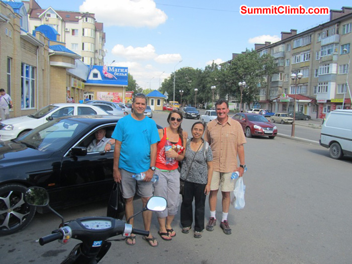 Outside grocery store in Pyatigorsk, Russia. Scott, Terry, Andrea and Pramila. Photo Pramila Kumari