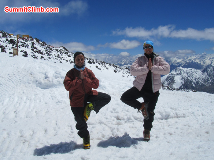 Pramila and Andrea doing yoga on our rest day at Elbrus basecamp 4100 meters (13,450 feet) Photo Scott Patch