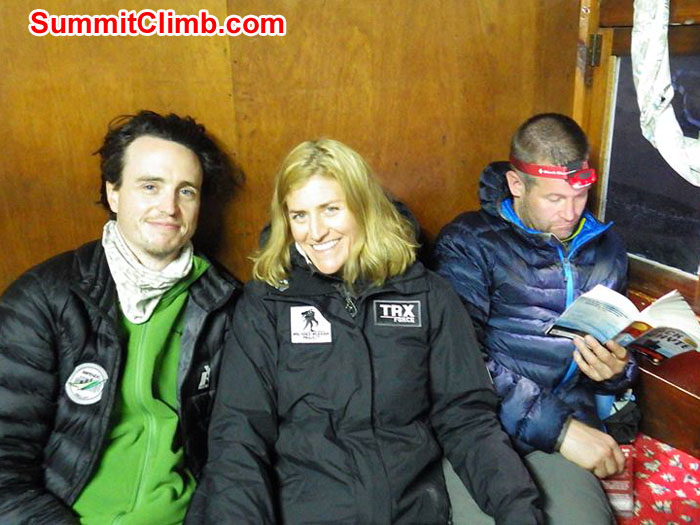 1 Mike Lobsinger, Christie and Derek lounging at the Hotel Danphe in Namche Nepal after a 6 hour hike to 3345 meters from Phakding. Photographer: Alex