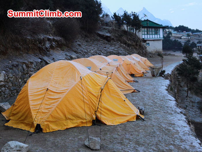 Our tents outside the Danfe lodge in the morning of April 12. Photo taken by Neal Kushwaha. 