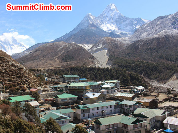 Pangboche village with Ama Dablam and Everest in the background. Photo by Sam Chappatte