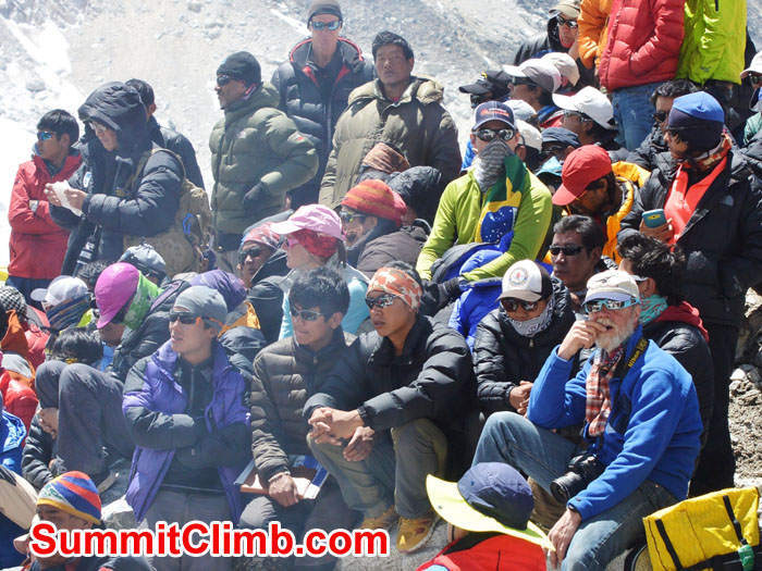 Sherpas, climbers, media & government attend the wake meeting in ABC. Photo by Mike Fairman