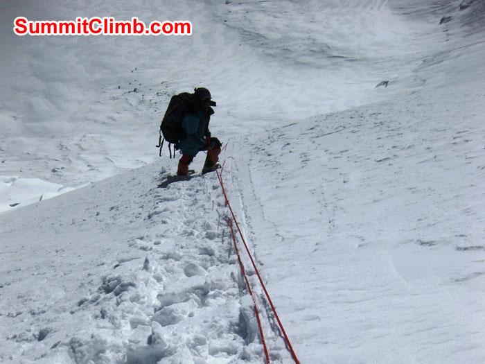 Sherpa breaking trail down to ABC from North Col after fresh snow - Photo Mia Graeffe