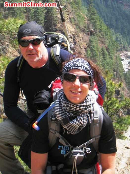 Kieran Lally and Sandra Grosskinsky on the Everest Path. Sun Khosi river in background. Scott Smith Photo