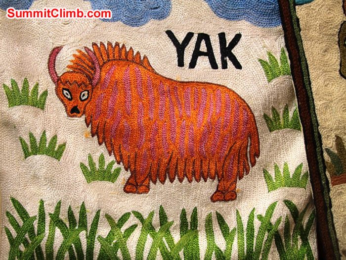 Yak embroidery for sale in a Namche Bazaar souvenir shop. Monika Witkowska Photo.