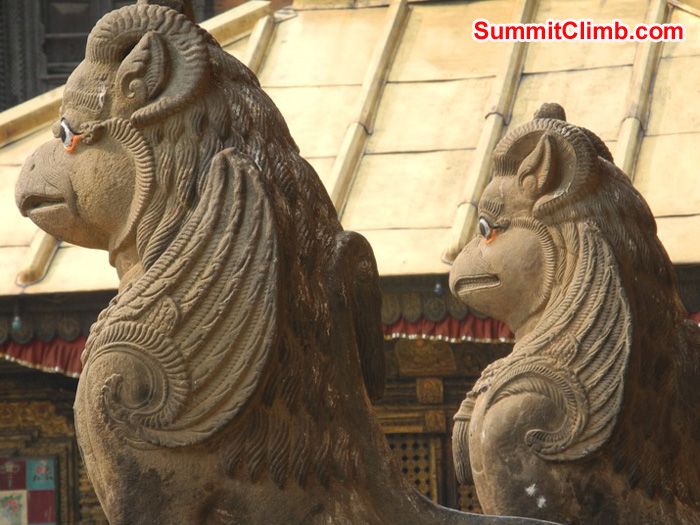 Twin lion statues at the Kathmandu Monkey Temple. Violetta Pontinen Photo.