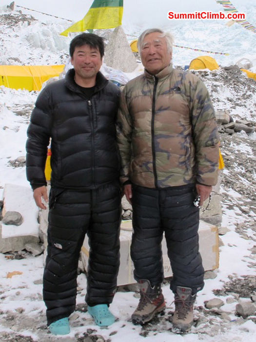 Yuichiro Miuro is trying to become the oldest man to reach the summit of Everest at age 81. Here he is with his son. Monika Witkowska Photo.