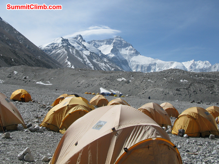 Our tents at Chinese base camp with clear view of Mount Everest. Photo Rares Voda