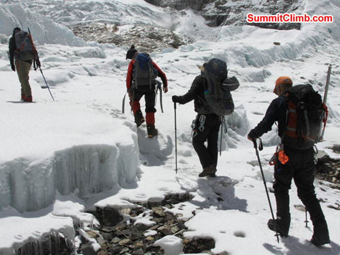 Team walking into the Khumbu Glacier for iceclimbing practice. Monika Witkowska Photo.