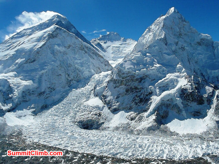 View of Everest, Lhotse, Nuptse, Khumbu Icefall from Pumori ABC. Photo by Monika Witkowska.