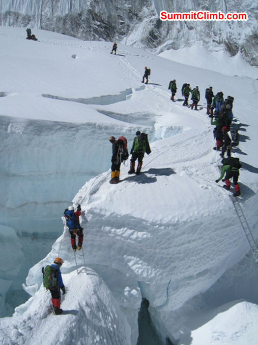 Kieran Lally and 15 Sherpas in the khumbu icefall. Scott Smith Photo.