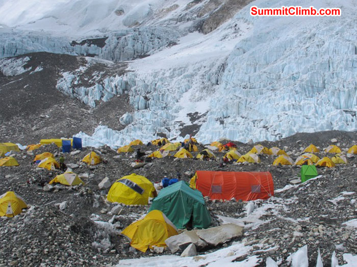 Camp 2 at 6400 metres - 20,992 feet, perched on a moraine on the side of the western cwm. Photo by Monika Witkowska