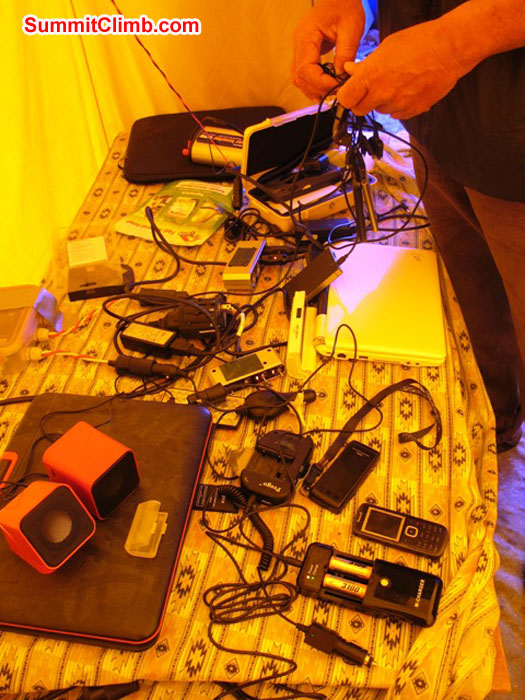 High tech gadgetry in our basecamp tent. Monika Witkowska Photo