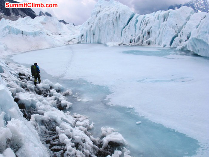 Preparing to cross the big lake in the icefall. Photo Monika Witkowska