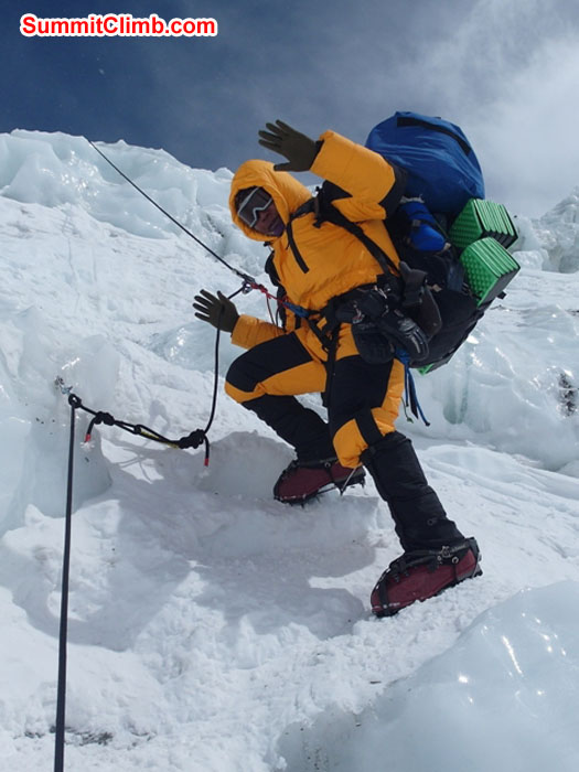 Sange Sherpa in the Khumbu Icefall. he is clipped to the rope. Monika Witkowska Photo