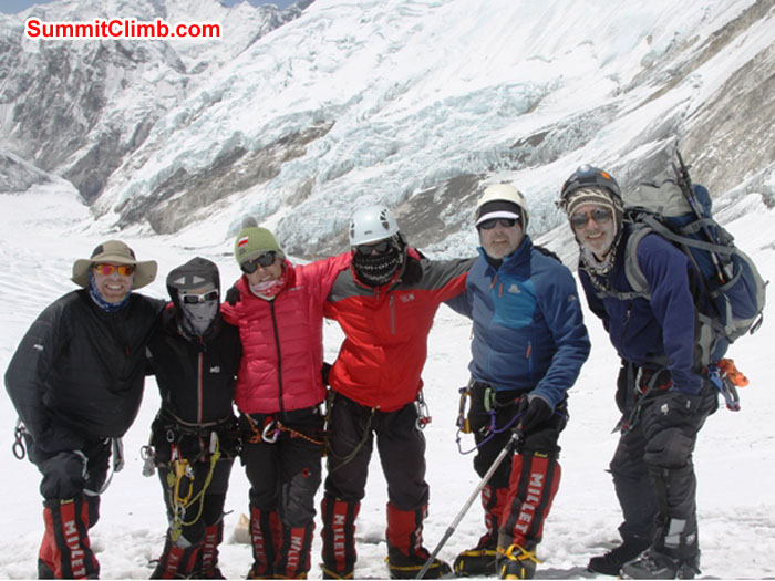 Scott, Violetta, Monika, Slavo, Kieran, and Don on an acclimatization walk to the base of the Lhotse Face. Photo Adam Dixon