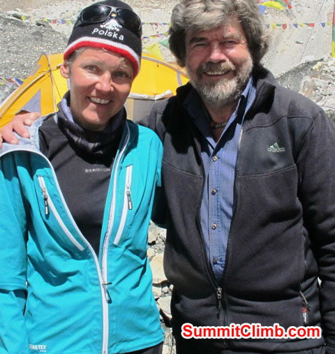 Monika Witkowska and Rheinhold Messner in basecamp. Rheinhold Messner is probably the greatest living 8000 metre -26,000 foot climber of all time. This photo was taken on 9 May, 2013, by an Austrian camerman just before Mr. Messner was asked to leave basecamp by the authorities, because he had no permit.