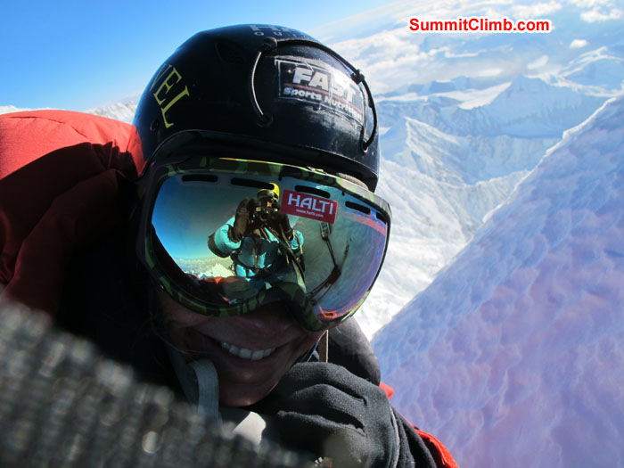 Lakpa Kongle Sherpa capturing Anne-Mari Hyrylainen photo on the summit of Lhotse - Finland. Photo Anne