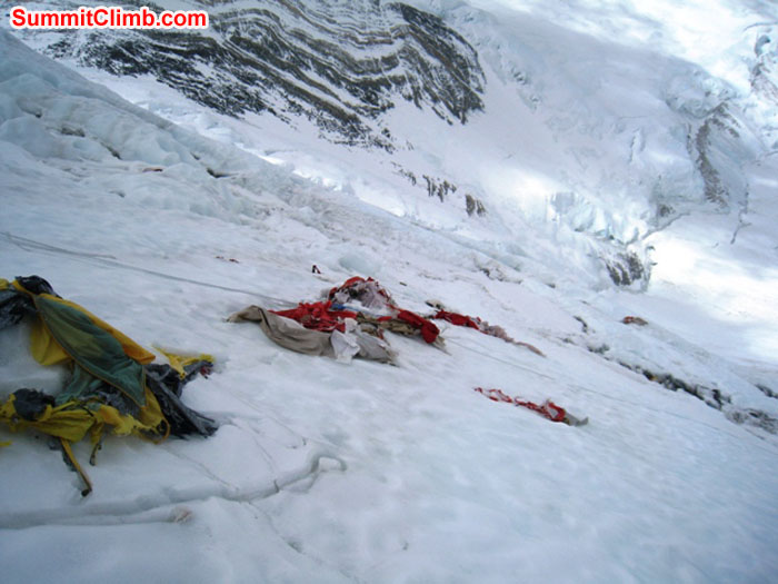 Wrecked tents on the Lhotse face. Scott Smith photo.