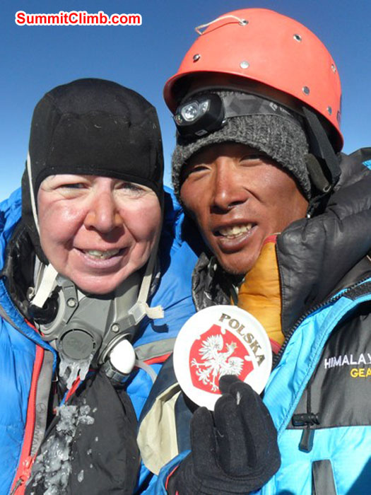 Violetta Pontinen and Pasang Sherpa on the Summit of Lhotse. Pasang Sherpa Photo.
