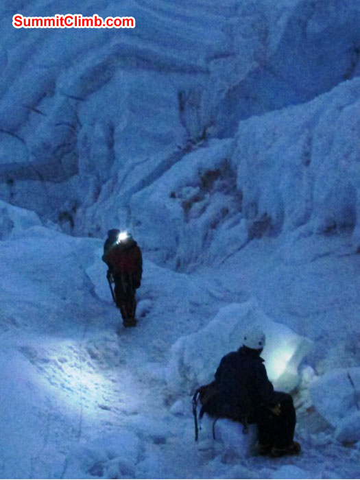 Night climbing in the Khumbu Icefall, on the final trip to the summit. Monika Witkowska Photo.