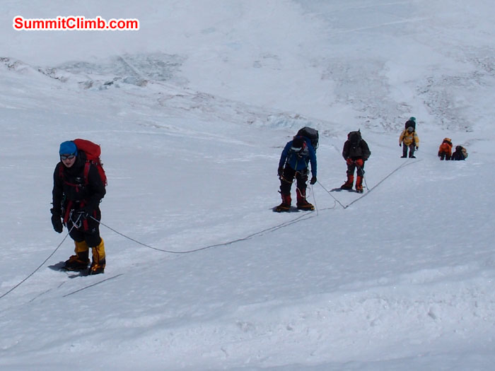 Members using fixed rope while going up to North Col. Photo martin