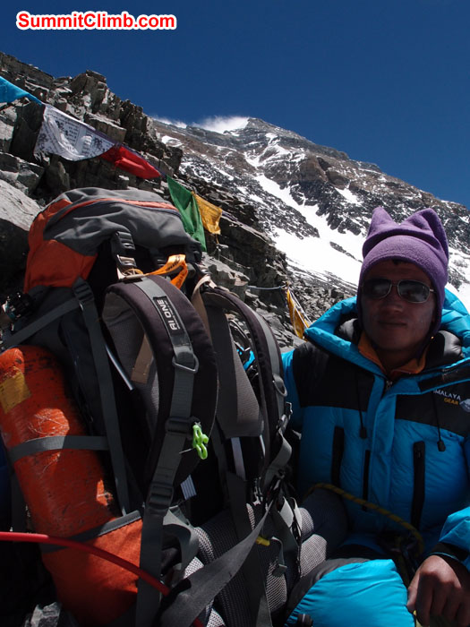 Gelije Sherpa at Camp 3. You can see Summit. Photo Martin.