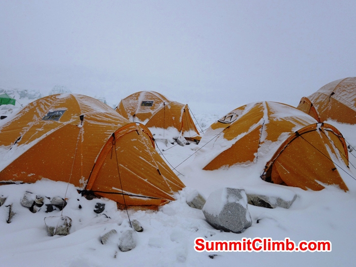 Camp 2 in a snow storm. Franz Ruehrlinger Photo