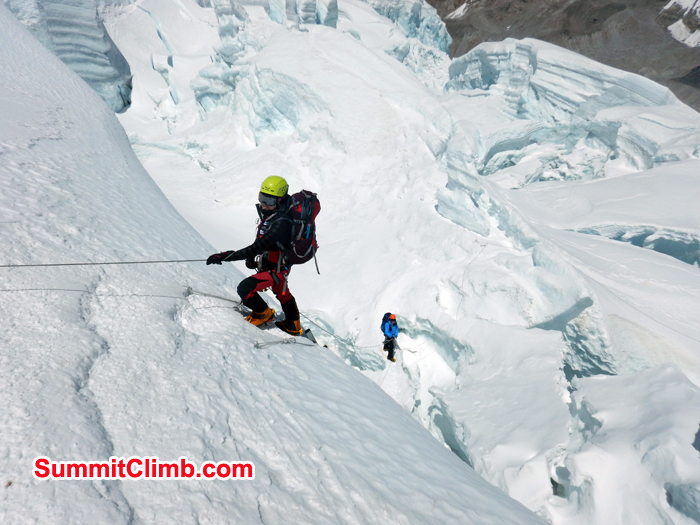 Climbing up in high camp with the help of rope