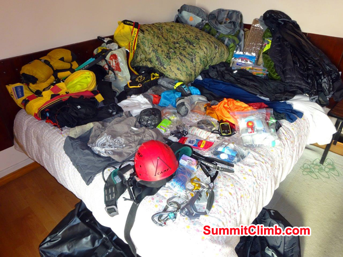 Everest expedition climbing equipment for equipment check at hotel. Photo Jeff Sorrel