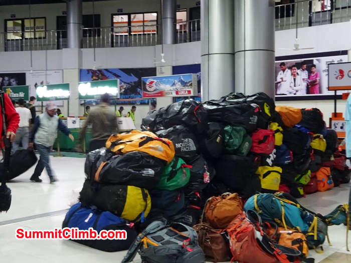 Everest expedition duffle bags ready to transfer from Kathmandu Domastic airport to Lukla Airport. Photo Jeff Sorrel