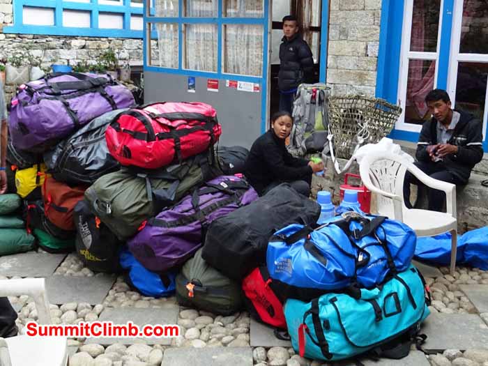 Getting ready for the second days trek to Base camp leaving from the green village lodge. photograph by James Grieve