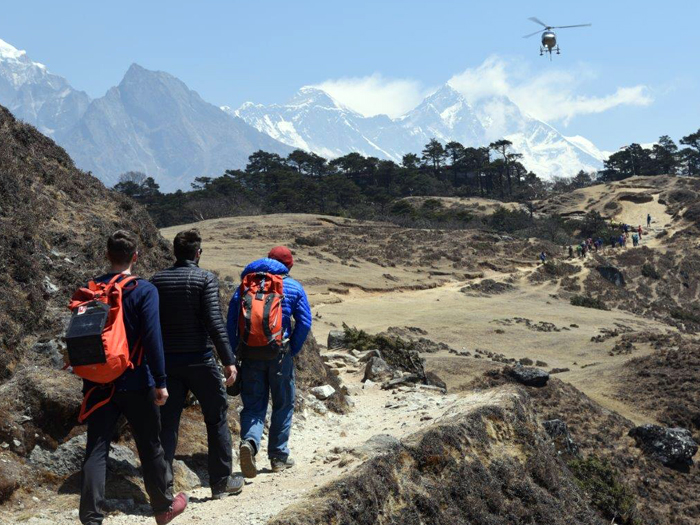 Members at Sangboche, front view Mount Everest.
