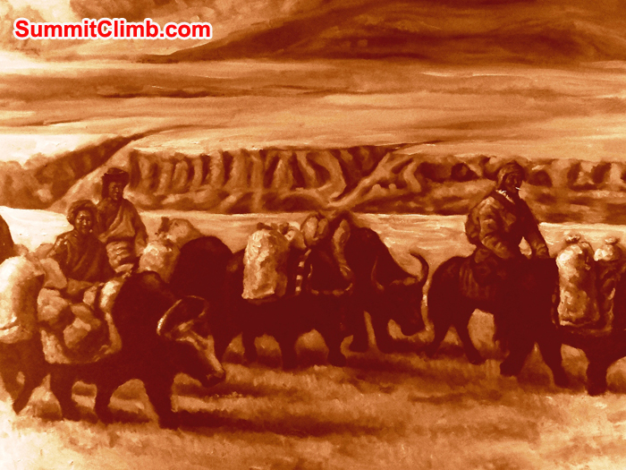 Oil painting of Tibetan nomad family crossing the Tibetan plateau by yak train